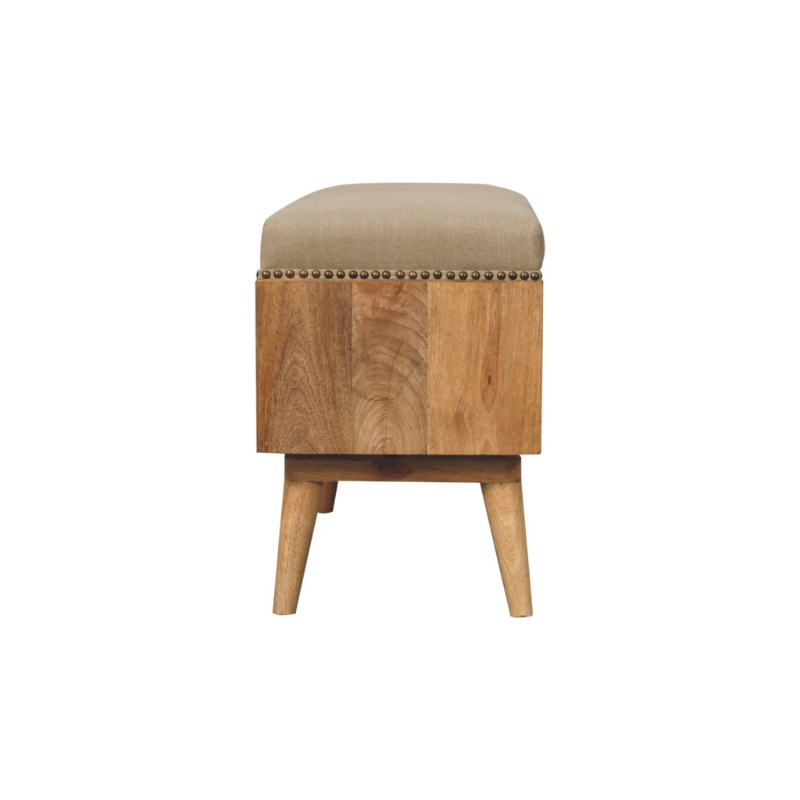 Studded Linen Bench – Solid Mango Wood & Cream Upholstery