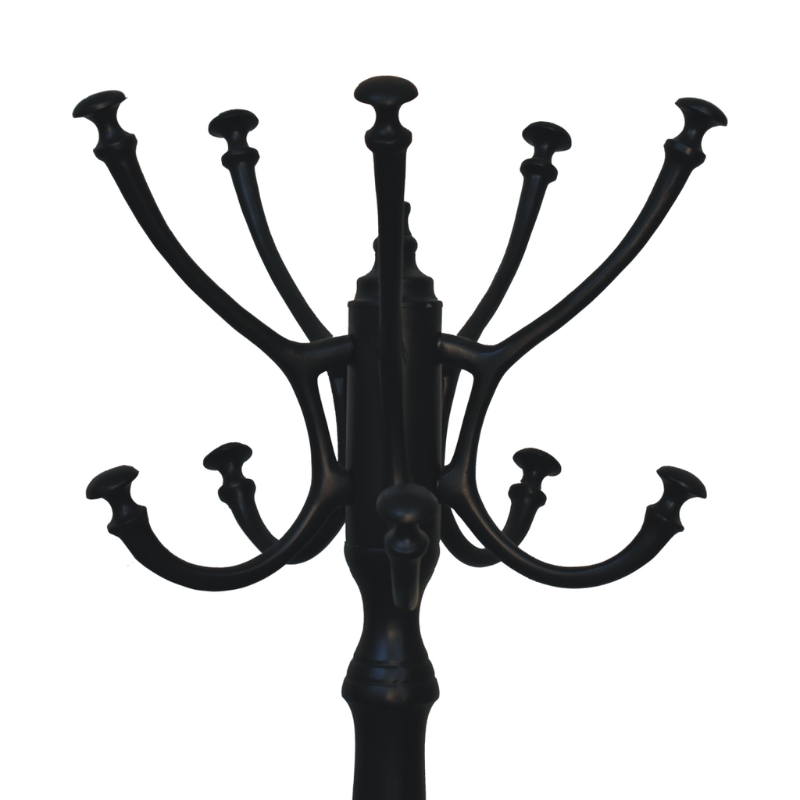 Black metal coat rack with multiple hooks on a white background