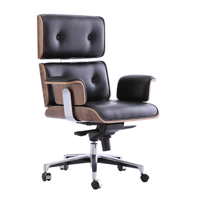 Classic EM Designer Office Chair - Black Premium Leather/ Walnut