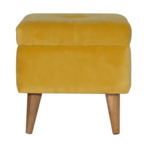 Mustard Velvet Storage Footstool-Nordic Wood Style Legs