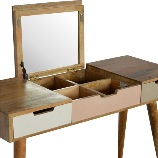 Blush Pink Dressing Table with Foldable Mirror- 3 Hand-Painted Drawers-Solid Mango Wood