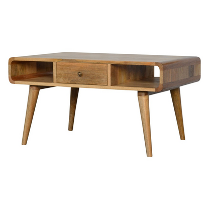 Curved Oak-ish Coffee Table- 2 Drawers -100% Solid Mango Wood