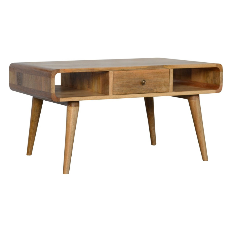 Curved Oak-ish Coffee Table- 2 Drawers -100% Solid Mango Wood