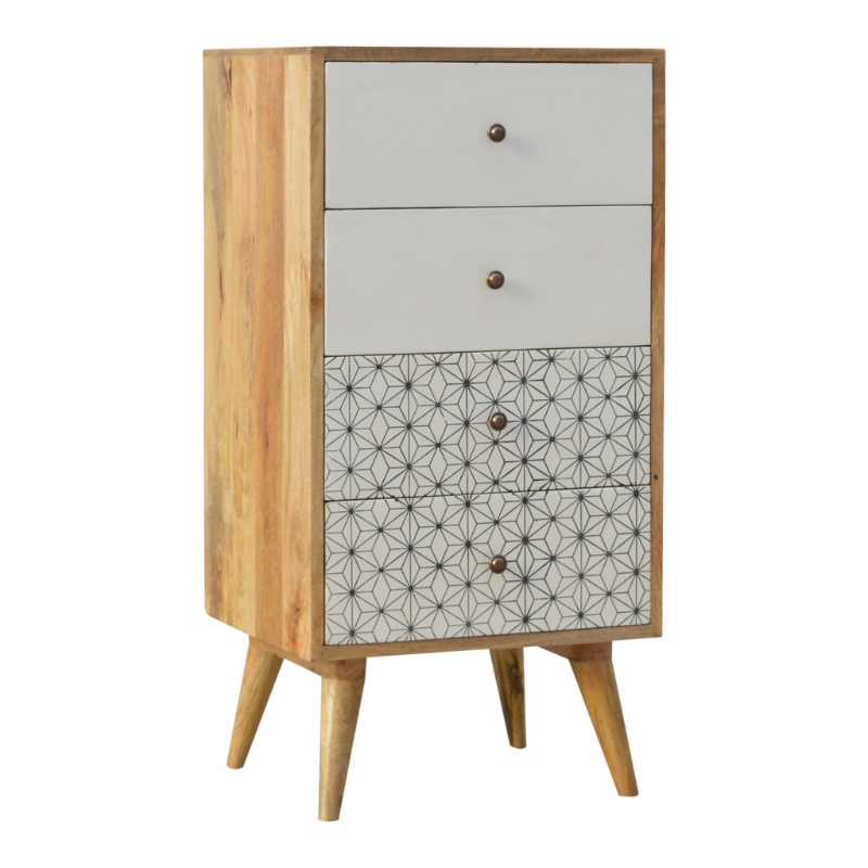 Prima Tallboy-100% Solid Mango Wood-2 Screen Printed Drawer - HOMEBELLA