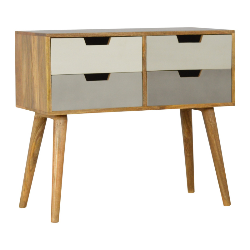 For storing bits like umbrellas, keys, makeup, and everyday essentials this piece of furniture will prove handy all over your home. It is a versatile product that can be suitable for your living area, dining space bedroom, or hallway.  It has been constructed from 100% solid mango wood with an oak-ish finish body and 4 cut-out drawers each individually Hand-painted in 4 shades of grey, it is easy as well as practical making it the perfect addition to the home.