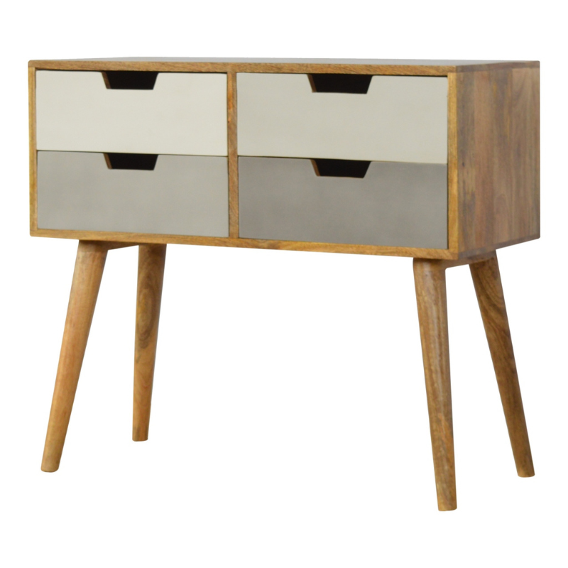 For storing bits like umbrellas, keys, makeup, and everyday essentials this piece of furniture will prove handy all over your home. It is a versatile product that can be suitable for your living area, dining space bedroom, or hallway.  It has been constructed from 100% solid mango wood with an oak-ish finish body and 4 cut-out drawers each individually Hand-painted in 4 shades of grey, it is easy as well as practical making it the perfect addition to the home.