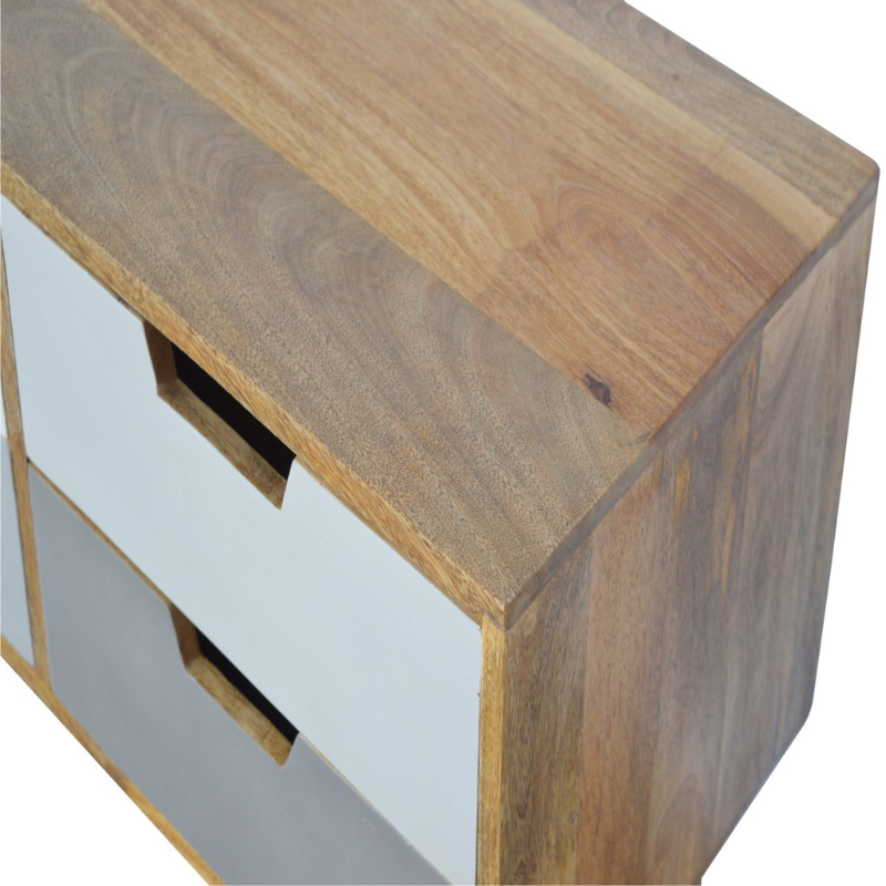 For storing bits like umbrellas, keys, makeup, and everyday essentials this piece of furniture will prove handy all over your home. It is a versatile product that can be suitable for your living area, dining space bedroom, or hallway.  It has been constructed from 100% solid mango wood with an oak-ish finish body and 4 cut-out drawers each individually Hand-painted in 4 shades of grey, it is easy as well as practical making it the perfect addition to the home.