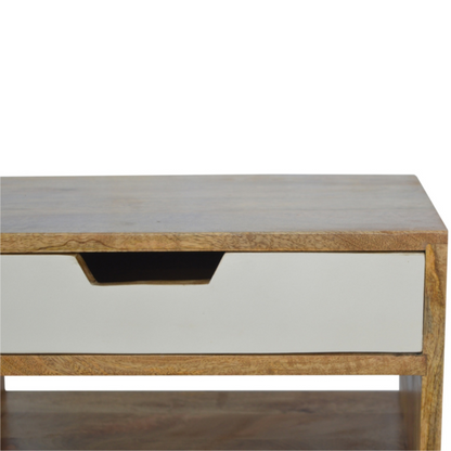 This gradient bedside has been constructed from 100% solid mango wood in an oak-ish finish and would be a perfect companion beside any bed, it stands on 4 Nordic style legs and features 2 hand painted grey and white handy drawers and 1 shelf in the middle.  It can be partnered up with the other products from the range or stand alone. A perfect addition to any home.