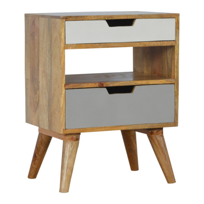 This gradient bedside has been constructed from 100% solid mango wood in an oak-ish finish and would be a perfect companion beside any bed, it stands on 4 Nordic style legs and features 2 hand painted grey and white handy drawers and 1 shelf in the middle.  It can be partnered up with the other products from the range or stand alone. A perfect addition to any home.