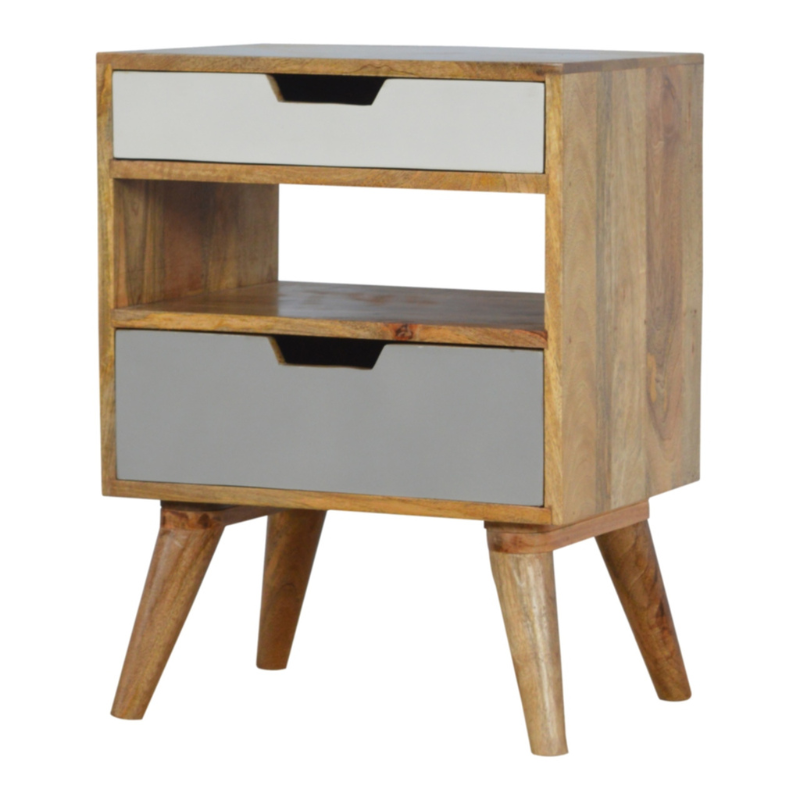 This gradient bedside has been constructed from 100% solid mango wood in an oak-ish finish and would be a perfect companion beside any bed, it stands on 4 Nordic style legs and features 2 hand painted grey and white handy drawers and 1 shelf in the middle.  It can be partnered up with the other products from the range or stand alone. A perfect addition to any home.