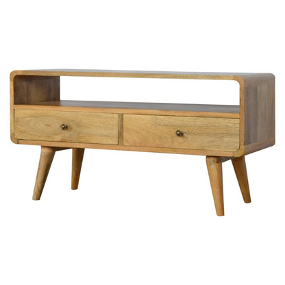 Our solid timber media unit is expertly constructed from 100% solid mango wood in a lovely oak-ish finish.  Some features include 2 drawers that come with a shiny knob, a large open slot to place any books, photo frames, ornaments, and 4 Nordic-style legs.