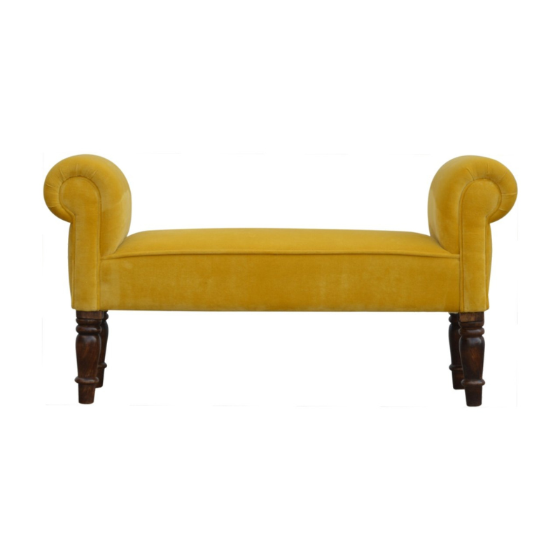 This lovely bench is ideal for a hallway, end of the bed, or simply any living area in your home which is also ideal for extra seating.  In an amazing mustard yellow cotton velvet featuring turned legs constructed from 100% solid mango wood in a walnut finish. This bench will add a pop of colour to any room and serve handy all over the home, available in many different colours.