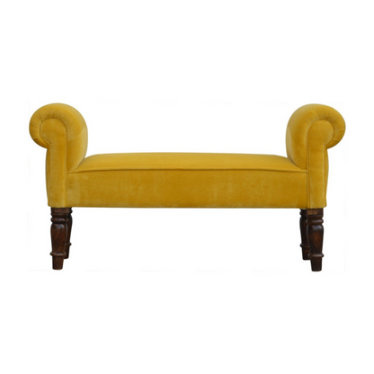 This lovely bench is ideal for a hallway, end of the bed, or simply any living area in your home which is also ideal for extra seating.  In an amazing mustard yellow cotton velvet featuring turned legs constructed from 100% solid mango wood in a walnut finish. This bench will add a pop of colour to any room and serve handy all over the home, available in many different colours.