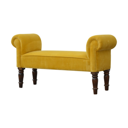 This lovely bench is ideal for a hallway, end of the bed, or simply any living area in your home which is also ideal for extra seating.  In an amazing mustard yellow cotton velvet featuring turned legs constructed from 100% solid mango wood in a walnut finish. This bench will add a pop of colour to any room and serve handy all over the home, available in many different colours.