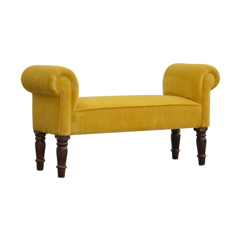 This lovely bench is ideal for a hallway, end of the bed, or simply any living area in your home which is also ideal for extra seating.  In an amazing mustard yellow cotton velvet featuring turned legs constructed from 100% solid mango wood in a walnut finish. This bench will add a pop of colour to any room and serve handy all over the home, available in many different colours.