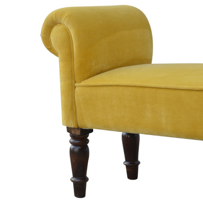 This lovely bench is ideal for a hallway, end of the bed, or simply any living area in your home which is also ideal for extra seating.  In an amazing mustard yellow cotton velvet featuring turned legs constructed from 100% solid mango wood in a walnut finish. This bench will add a pop of colour to any room and serve handy all over the home, available in many different colours.