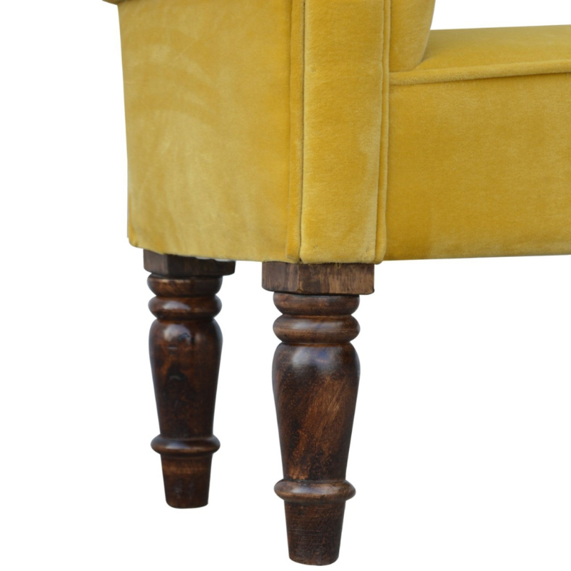 This lovely bench is ideal for a hallway, end of the bed, or simply any living area in your home which is also ideal for extra seating.  In an amazing mustard yellow cotton velvet featuring turned legs constructed from 100% solid mango wood in a walnut finish. This bench will add a pop of colour to any room and serve handy all over the home, available in many different colours.