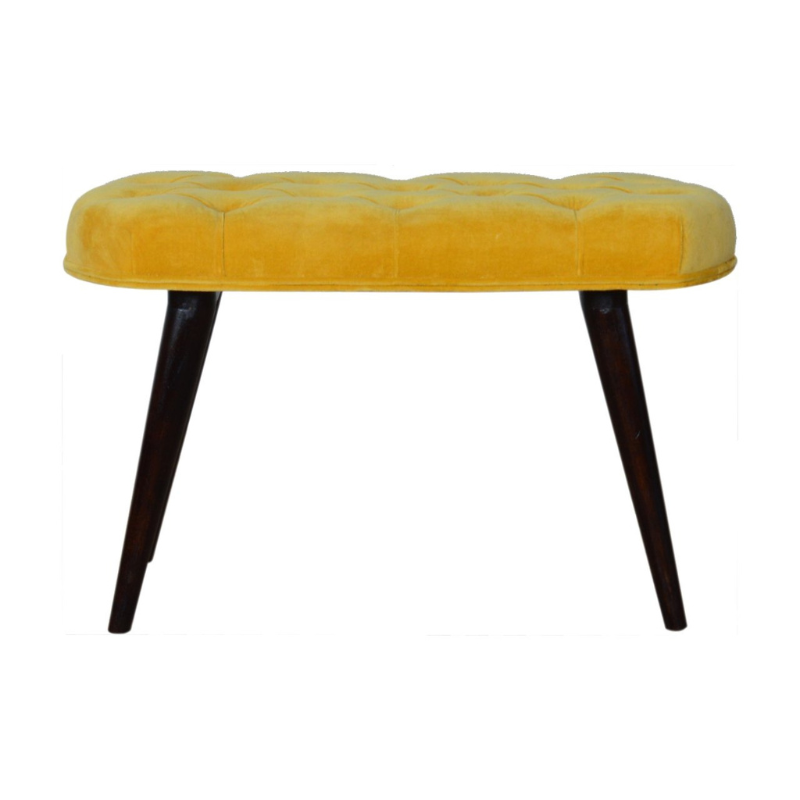 This Nordic style bench has been upholstered in a beautiful Mustard yellow cotton velvet fabric and features a classy deep-button design on the top.  The bench stands on 4 legs constructed from 100% solid mango wood in a walnut finish and it is the perfect piece to add to your bedroom or hallway as a finishing touch in the home.