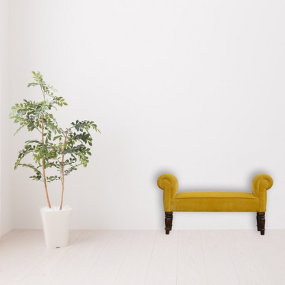 This lovely bench is ideal for a hallway, end of the bed, or simply any living area in your home which is also ideal for extra seating.  In an amazing mustard yellow cotton velvet featuring turned legs constructed from 100% solid mango wood in a walnut finish. This bench will add a pop of colour to any room and serve handy all over the home, available in many different colours.