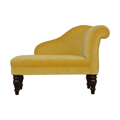 This marvelous chaise lounge is an elegant piece to add to your interior, especially suitable for living rooms and halls.  Upholstered with mustard yellow cotton velvet, it is sturdy and pleasant to touch. The chaise has turned legs constructed from 100% solid wood in a walnut finish and has a padded seat perfect for relaxing with a favorite book.