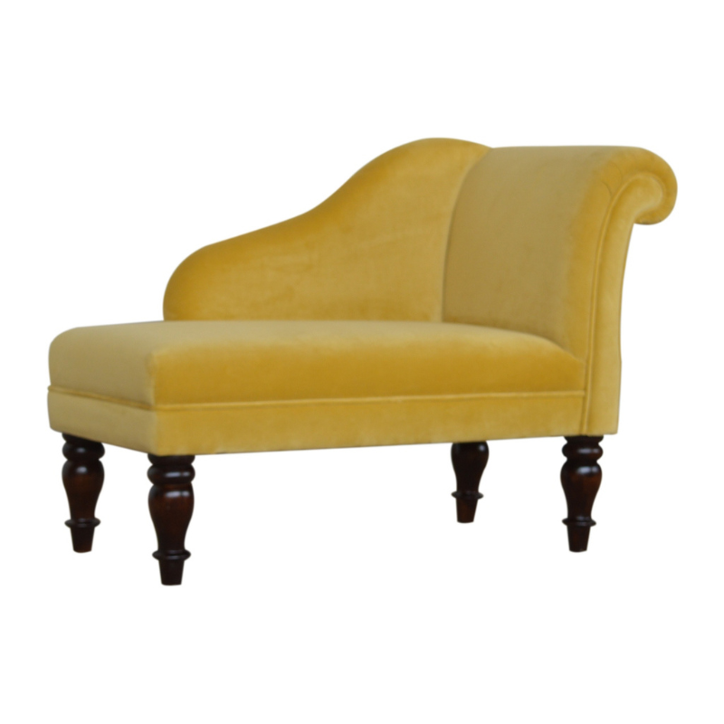 This marvelous chaise lounge is an elegant piece to add to your interior, especially suitable for living rooms and halls.  Upholstered with mustard yellow cotton velvet, it is sturdy and pleasant to touch. The chaise has turned legs constructed from 100% solid wood in a walnut finish and has a padded seat perfect for relaxing with a favorite book.