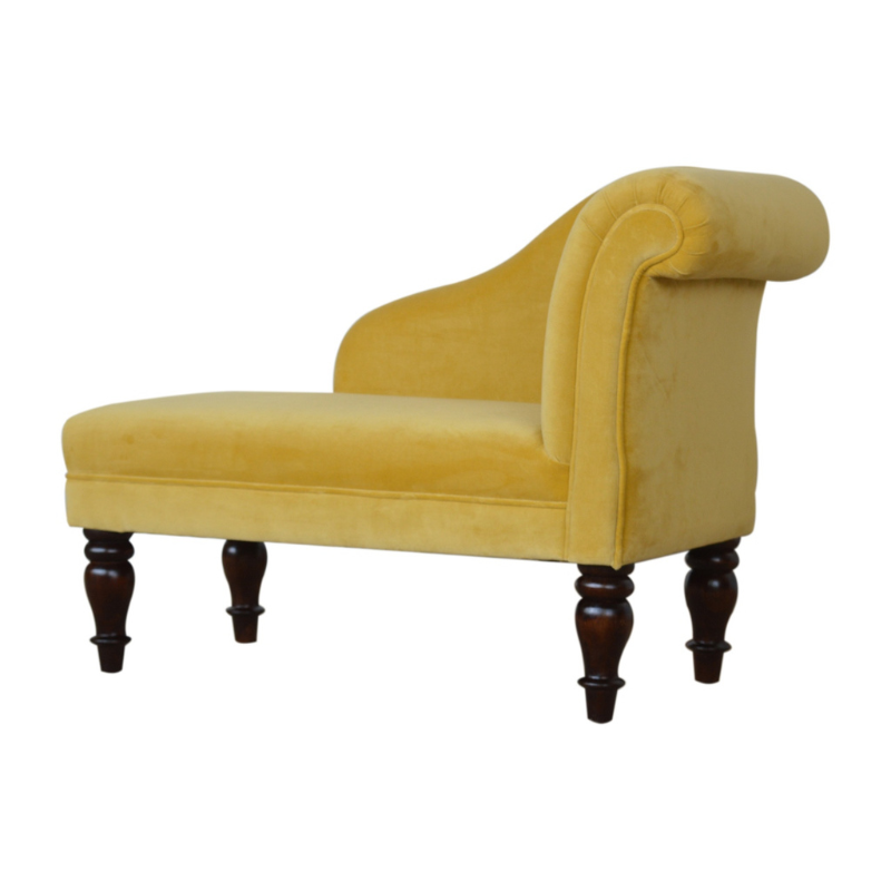 This marvelous chaise lounge is an elegant piece to add to your interior, especially suitable for living rooms and halls.  Upholstered with mustard yellow cotton velvet, it is sturdy and pleasant to touch. The chaise has turned legs constructed from 100% solid wood in a walnut finish and has a padded seat perfect for relaxing with a favorite book.