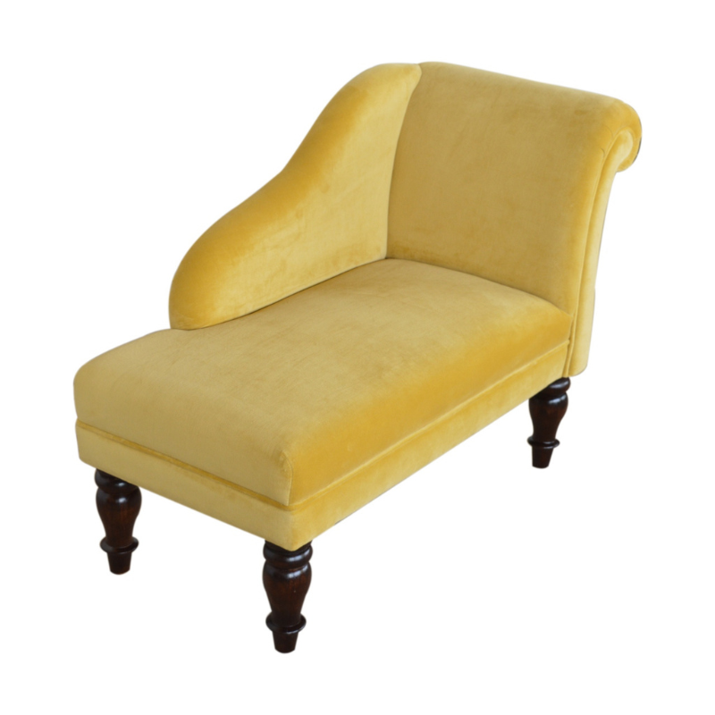 This marvelous chaise lounge is an elegant piece to add to your interior, especially suitable for living rooms and halls.  Upholstered with mustard yellow cotton velvet, it is sturdy and pleasant to touch. The chaise has turned legs constructed from 100% solid wood in a walnut finish and has a padded seat perfect for relaxing with a favorite book.