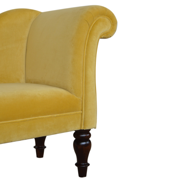 This marvelous chaise lounge is an elegant piece to add to your interior, especially suitable for living rooms and halls.  Upholstered with mustard yellow cotton velvet, it is sturdy and pleasant to touch. The chaise has turned legs constructed from 100% solid wood in a walnut finish and has a padded seat perfect for relaxing with a favorite book.