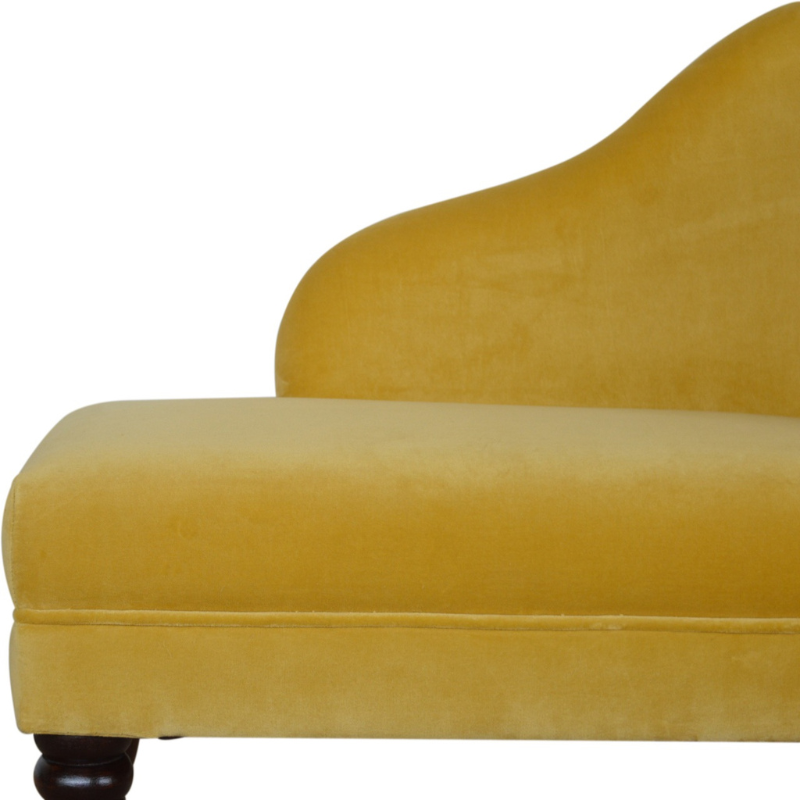 This marvelous chaise lounge is an elegant piece to add to your interior, especially suitable for living rooms and halls.  Upholstered with mustard yellow cotton velvet, it is sturdy and pleasant to touch. The chaise has turned legs constructed from 100% solid wood in a walnut finish and has a padded seat perfect for relaxing with a favorite book.