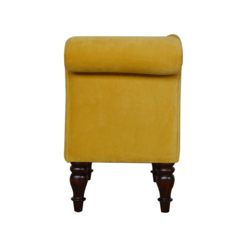 This marvelous chaise lounge is an elegant piece to add to your interior, especially suitable for living rooms and halls.  Upholstered with mustard yellow cotton velvet, it is sturdy and pleasant to touch. The chaise has turned legs constructed from 100% solid wood in a walnut finish and has a padded seat perfect for relaxing with a favorite book.