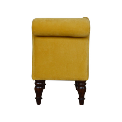 This marvelous chaise lounge is an elegant piece to add to your interior, especially suitable for living rooms and halls.  Upholstered with mustard yellow cotton velvet, it is sturdy and pleasant to touch. The chaise has turned legs constructed from 100% solid wood in a walnut finish and has a padded seat perfect for relaxing with a favorite book.