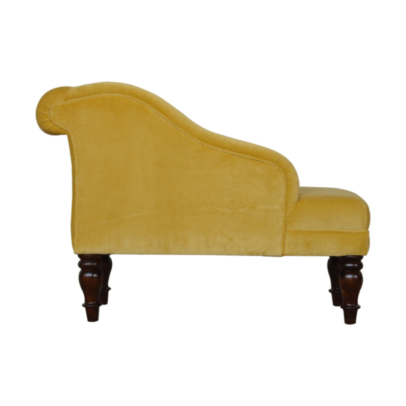 This marvelous chaise lounge is an elegant piece to add to your interior, especially suitable for living rooms and halls.  Upholstered with mustard yellow cotton velvet, it is sturdy and pleasant to touch. The chaise has turned legs constructed from 100% solid wood in a walnut finish and has a padded seat perfect for relaxing with a favorite book.