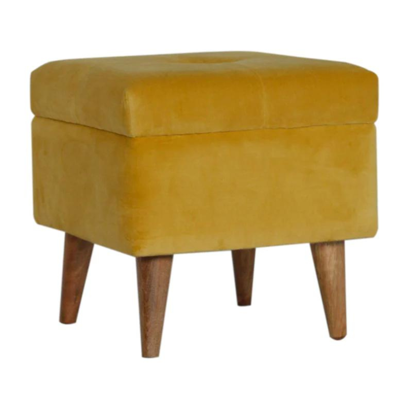 This little footstool is a elegant addition to the home. It has been upholstered in a mustard yellow cotton velvet fabric and has 4 solid wood nordic wood style legs in an oak-ish finish.  It is beautiful and versatile at the same time, it has an important feature which is the storage compartment that can be used to place things inside and save space in the home.