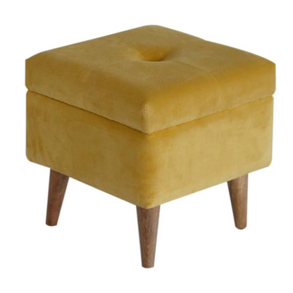 This little footstool is a elegant addition to the home. It has been upholstered in a mustard yellow cotton velvet fabric and has 4 solid wood nordic wood style legs in an oak-ish finish.  It is beautiful and versatile at the same time, it has an important feature which is the storage compartment that can be used to place things inside and save space in the home.