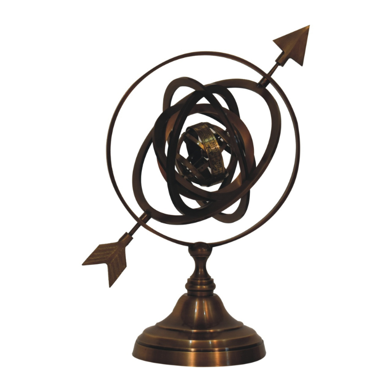 This decorative brass armillary sphere globe features an arrow design making a handsome ornament for the desk or garden.  It is from solid machined brass with an antique finish and sturdy base.