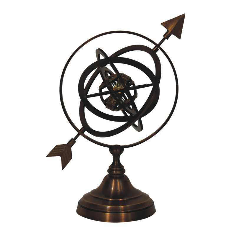 This decorative brass armillary sphere globe features an arrow design making a handsome ornament for the desk or garden.  It is from solid machined brass with an antique finish and sturdy base.