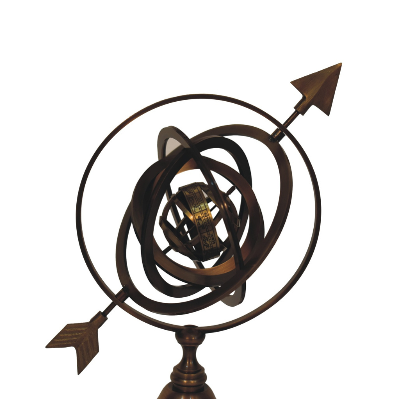 This decorative brass armillary sphere globe features an arrow design making a handsome ornament for the desk or garden.  It is from solid machined brass with an antique finish and sturdy base.