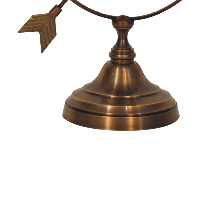 This decorative brass armillary sphere globe features an arrow design making a handsome ornament for the desk or garden.  It is from solid machined brass with an antique finish and sturdy base.