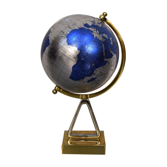 An opulent and stylish piece of decor for your home, this Decorative Blue and Silver Globe is paired beautifully with a Gold and silver mixed frame to cut an impressive figure in almost any room.  Highly detailed, this globe will look beautiful on accent tables or on the floor, helping you to decorate in style. This product is handcrafted individually and as every piece is unique please do expect variations in finish, texture, size and should not be considered as a defect.