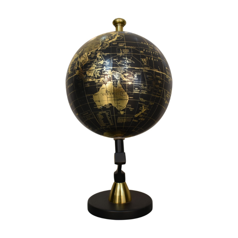 The globe is handcrafted and boasts a mixed brass and black glossy finish. The spherical globe features loose engravings, depicting the world map. The relaxed nature and style of the colours create a striking contrast between the black and brass finishes. This product is handcrafted individually and as every piece is unique please do expect variations in finish, texture, size and should not be considered as a defect.