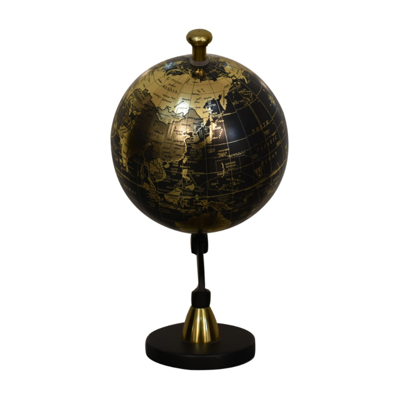 The globe is handcrafted and boasts a mixed brass and black glossy finish. The spherical globe features loose engravings, depicting the world map. The relaxed nature and style of the colours create a striking contrast between the black and brass finishes. This product is handcrafted individually and as every piece is unique please do expect variations in finish, texture, size and should not be considered as a defect.