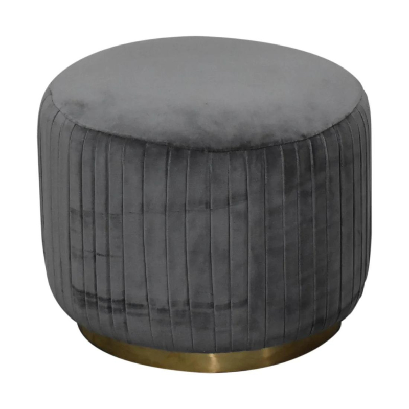 This beautiful and fashionable footstool will make the perfect addition to any bedroom or living room. It has been upholstered in a luxurious grey cotton velvet fabric with a pleated design featuring a gold brass base.  Perfect for putting your feet up, using as a handbag stand, or as an accent piece in the home.