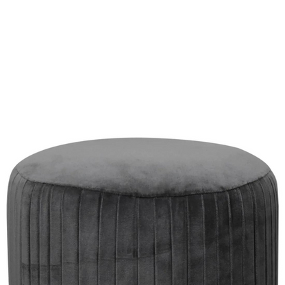 This beautiful and fashionable footstool will make the perfect addition to any bedroom or living room. It has been upholstered in a luxurious grey cotton velvet fabric with a pleated design featuring a gold brass base.  Perfect for putting your feet up, using as a handbag stand, or as an accent piece in the home.