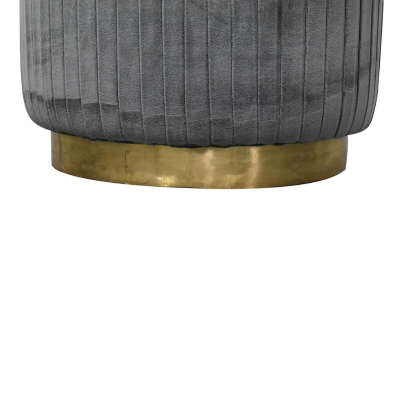 This beautiful and fashionable footstool will make the perfect addition to any bedroom or living room. It has been upholstered in a luxurious grey cotton velvet fabric with a pleated design featuring a gold brass base.  Perfect for putting your feet up, using as a handbag stand, or as an accent piece in the home.