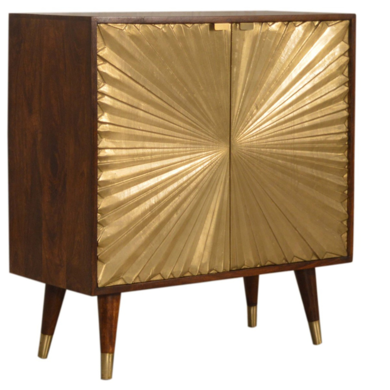 This Manila Cabinet was designed to add a touch of elegance and charm to your home, it features brass-plated doors and Nordic-style brass cap feet.  It has been constructed from 100% solid mango wood in a rich chestnut finish and pull-out handles along with surface space on top to uplift your living room or hallway.