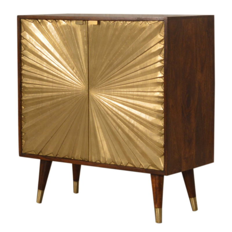 This Manila Cabinet was designed to add a touch of elegance and charm to your home, it features brass-plated doors and Nordic-style brass cap feet.  It has been constructed from 100% solid mango wood in a rich chestnut finish and pull-out handles along with surface space on top to uplift your living room or hallway.