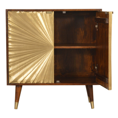 This Manila Cabinet was designed to add a touch of elegance and charm to your home, it features brass-plated doors and Nordic-style brass cap feet.  It has been constructed from 100% solid mango wood in a rich chestnut finish and pull-out handles along with surface space on top to uplift your living room or hallway.