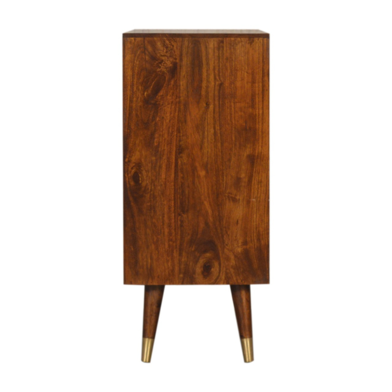 This Manila Cabinet was designed to add a touch of elegance and charm to your home, it features brass-plated doors and Nordic-style brass cap feet.  It has been constructed from 100% solid mango wood in a rich chestnut finish and pull-out handles along with surface space on top to uplift your living room or hallway.