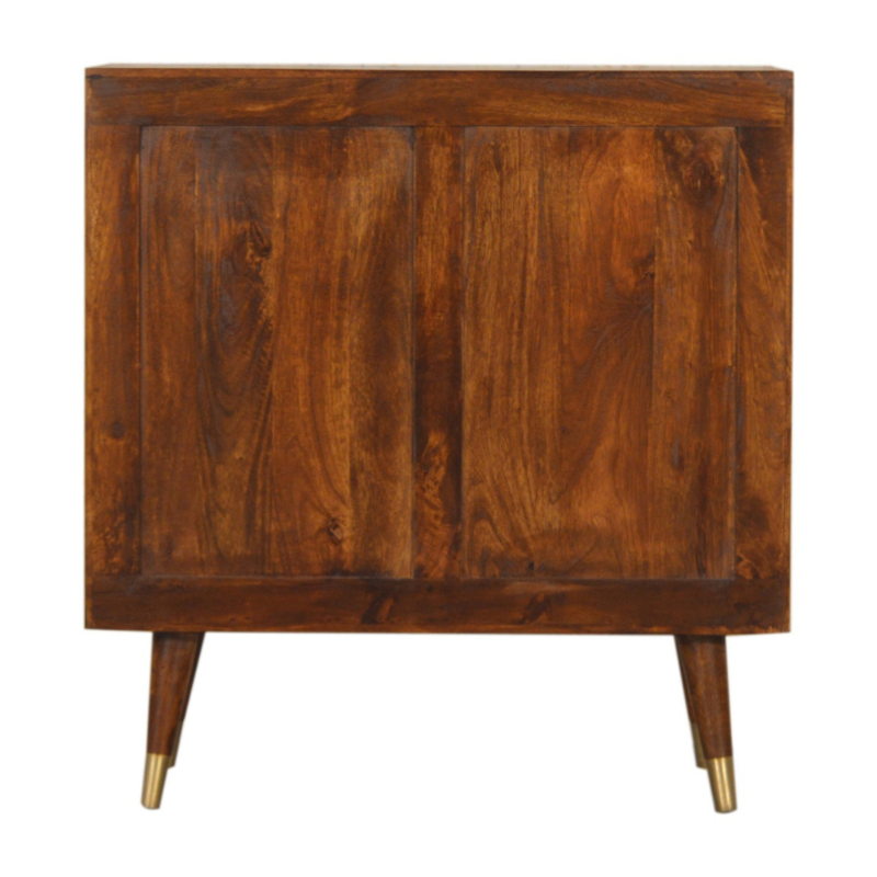 This Manila Cabinet was designed to add a touch of elegance and charm to your home, it features brass-plated doors and Nordic-style brass cap feet.  It has been constructed from 100% solid mango wood in a rich chestnut finish and pull-out handles along with surface space on top to uplift your living room or hallway.