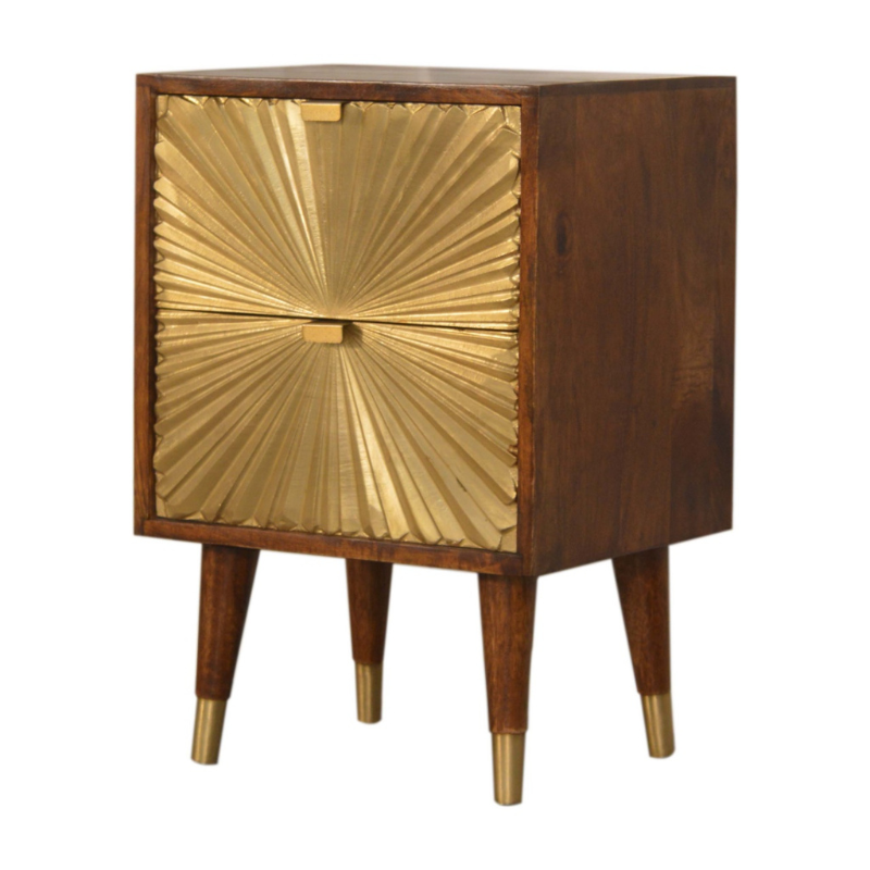 This Manila Gold Chestnut Bedside Table was designed to add a touch of elegance and charm to your bedroom. Featuring brass-plated drawers and Nordic-style brass cap feet, this piece has been constructed from 100% solid mango wood and offers a rich chestnut finish along with pull-out handles and surface space to uplift your whole bedroom look.